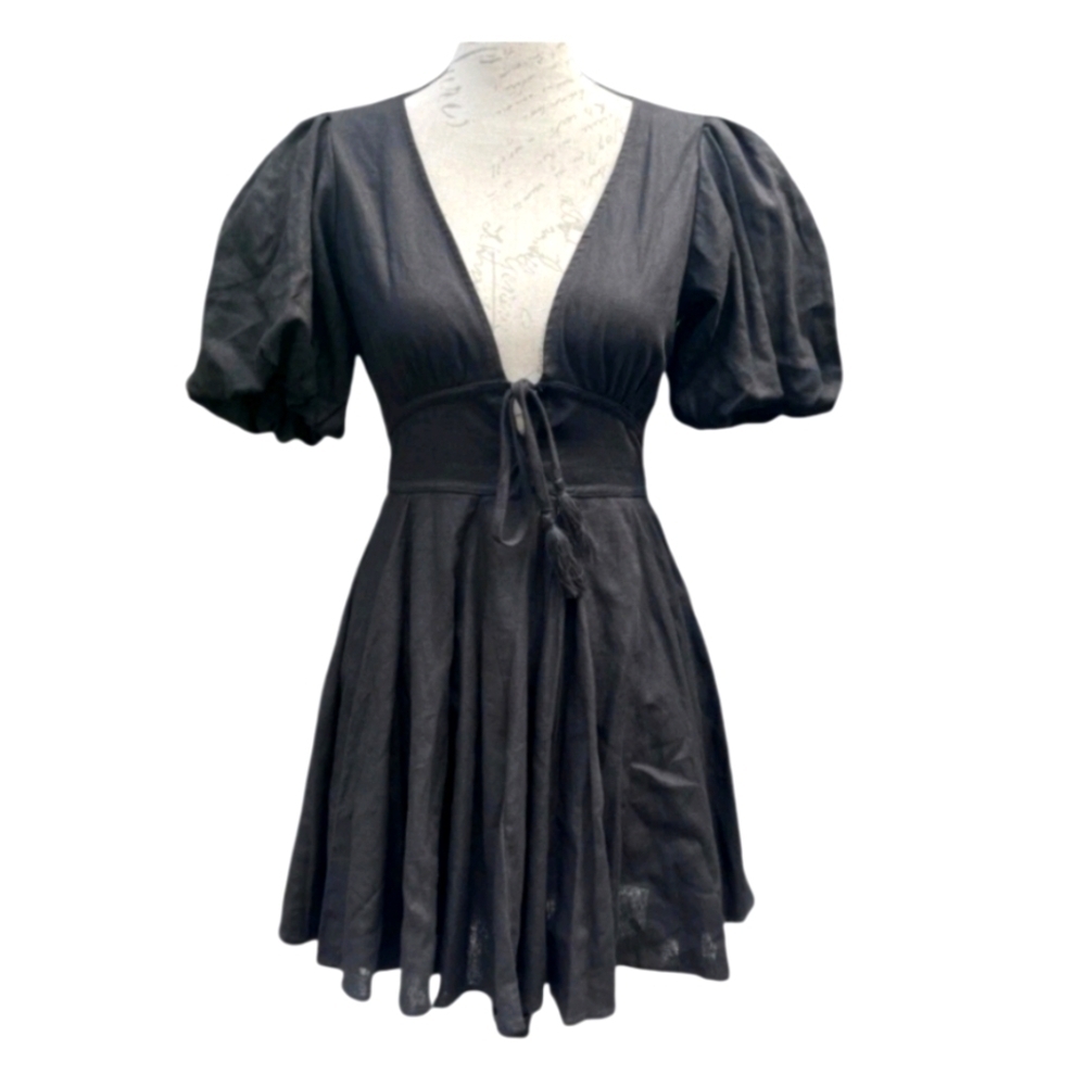 House Of Harlow 1960 Black Dress Puff Sleeve Flared Skirt Linen Size 4 S